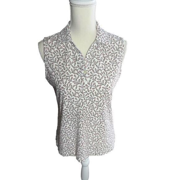 EP Pro Tops - EP Pro Tour Dry Women's Sleeveless Polo Shirt - White with Taupe Print -‎ Size M